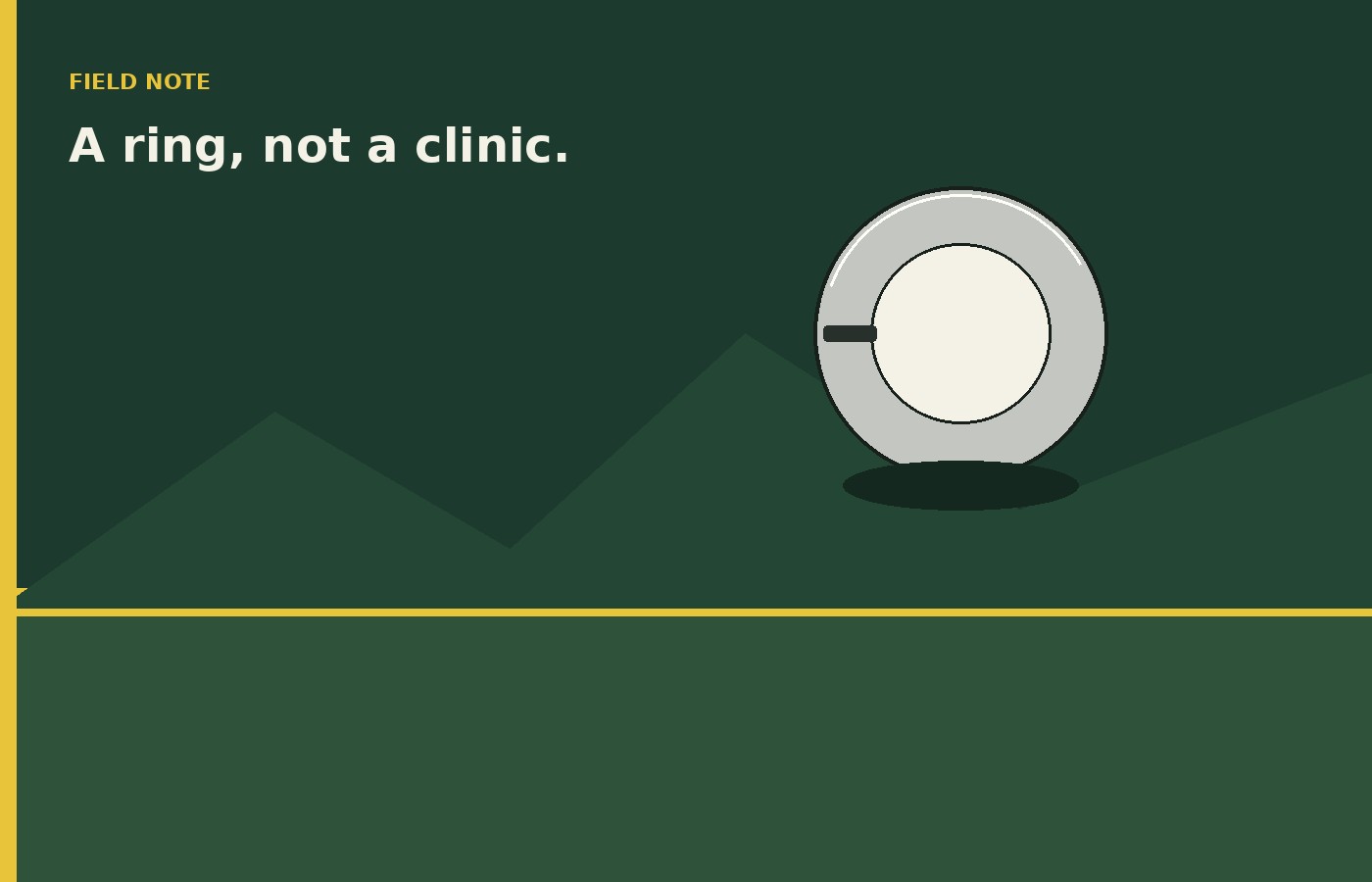 Editorial illustration of a metal ring against a green hollow and a yellow horizon line
